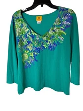 Ruby Lane XL Teal Green V-Neck 3/4 Sleeve Cotton Blend Top Abstract Floral Patte