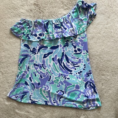 Lilly Pulitzer Womens XS Neveah Top Lillys Lilac Nice Ink One Shoulder Ruffle