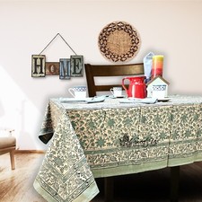 Daisy Bouquet Block Print Cotton Floral Tablecloth Rectangle, Minty Breeze