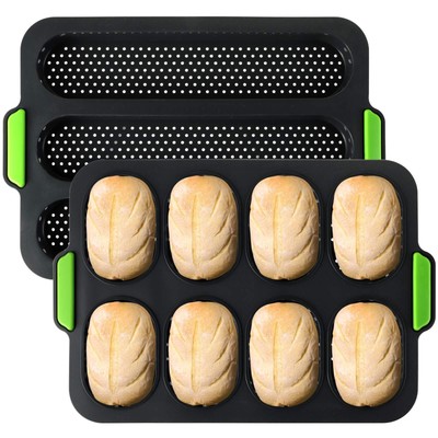 Set Of 2 Silicone Baguette Pan Nonstick French Bread Bake Mold 8 Gutter Perforat