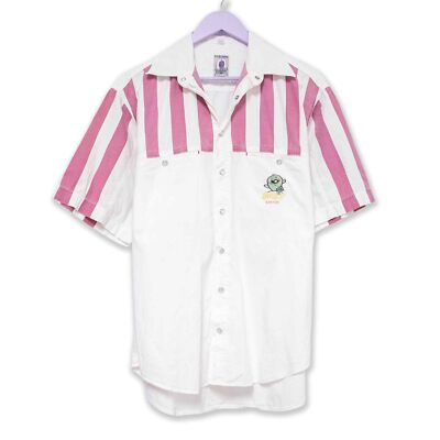 Vintage Hemd weiß-fuchsia mit Stickerei Kurzarm - Größe 39 40 Herren
