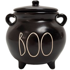 Rae Dunn Cauldron Boo Candle Black Halloween Ceramic Smoked Apple Scent Lid