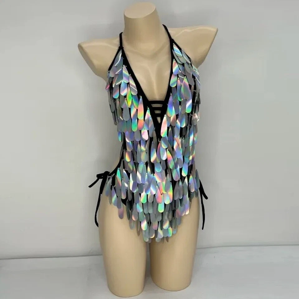 Flashing Sequins Carnival Dance Costume Evening Singer Nightclub Bar Bodysuit - Image 3 of 4