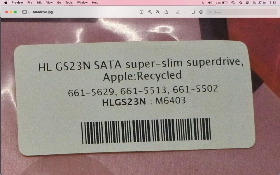 SATA Hard Drive HLGS23N M6403 Super Slim Super Drive Apple Recycled - brand new - Image 2 of 2