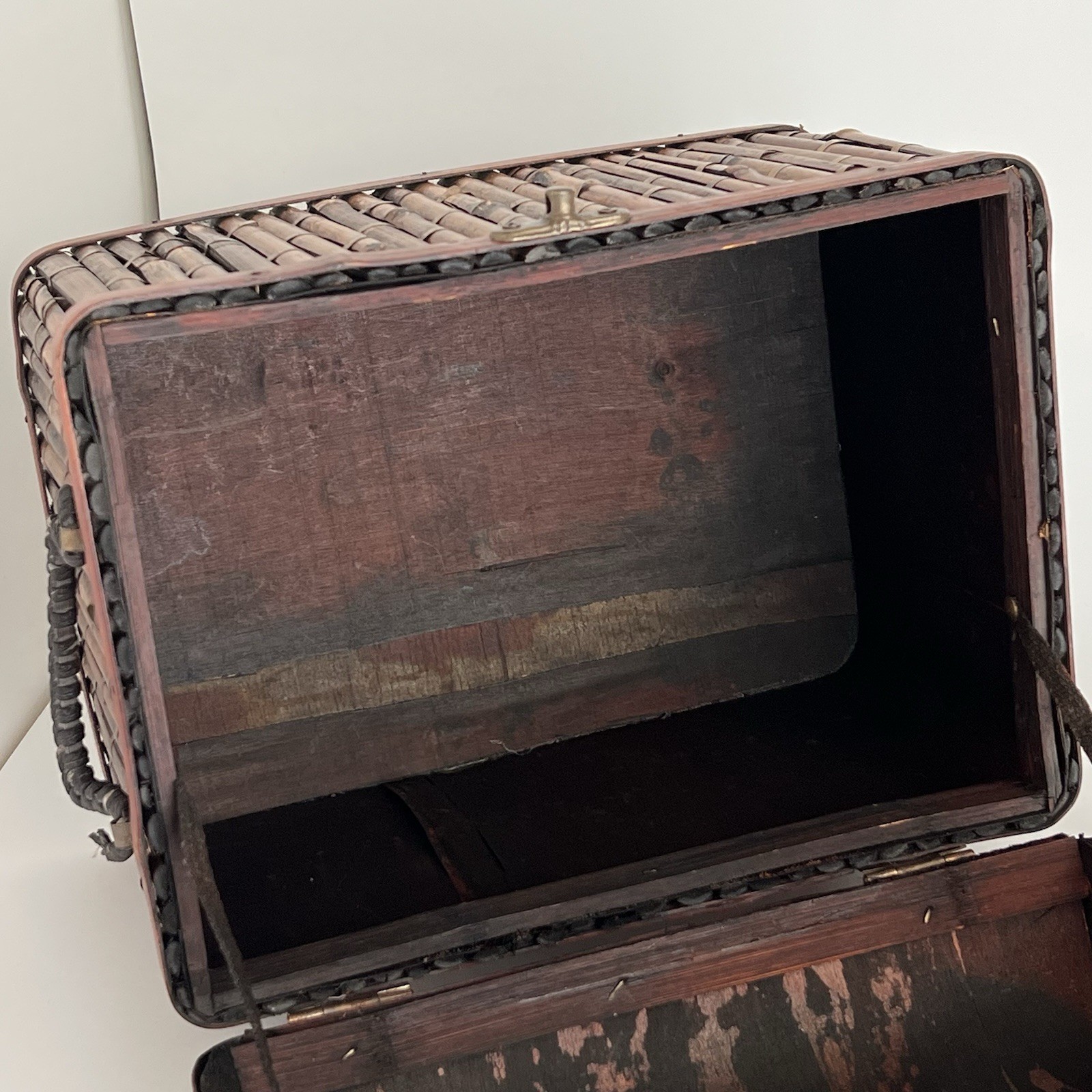 Bamboo & Tin Chest Trunk With Metal Latch & Dome Lid Boho Cottage Cabin 10”