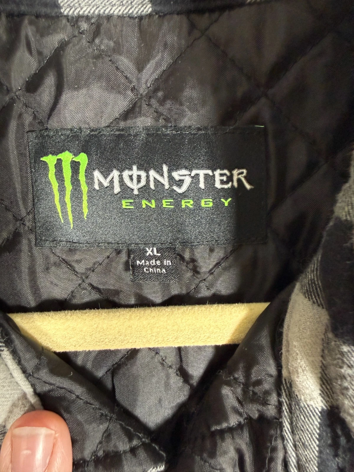 Monster Energy Quilted Flannel Shirt Jacket Mens XL Black Gray Buffalo Plaid image 3