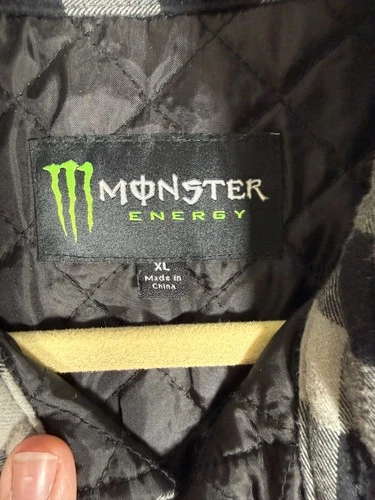 Monster Energy Quilted Flannel Shirt Jacket Mens XL Black Gray Buffalo Plaid image 3