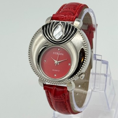 Ladies STRADA Unique Silver Tone & Red Watch, Large Crystal Accent, 40mm, Quartz