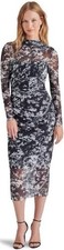 Steve Madden Maureen Black White Floral Long Sleeve Mesh Ruched Midi Dress Small