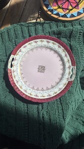Round Porcelain Floral Serving Platter w/ Handles Pink Center Burgundy Rim 3789