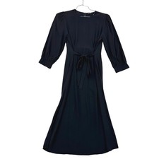 UNIQLO Flare Dress Women S Black NEW 3/4 Sleeve Rayon Midi Tie Waist Pockets
