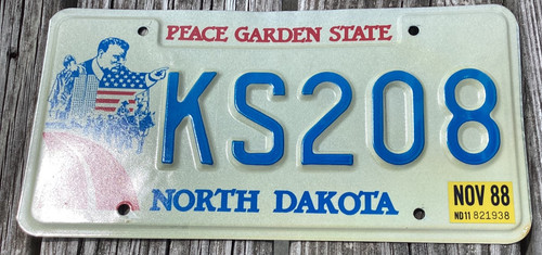1987 NORTH DAKOTA  LICENSE PLATE KS208 TEDDY ROOSEVELT SHORT SERIES