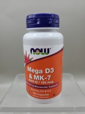 Now Mega Vitamin D3 MK-7 5000 IU Bone Support 120Ct Capsules Exp 07/2028