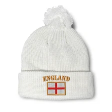 Pom Pom Beanies for Women England Flag Embroidery Winter Hats for Men Skull Cap