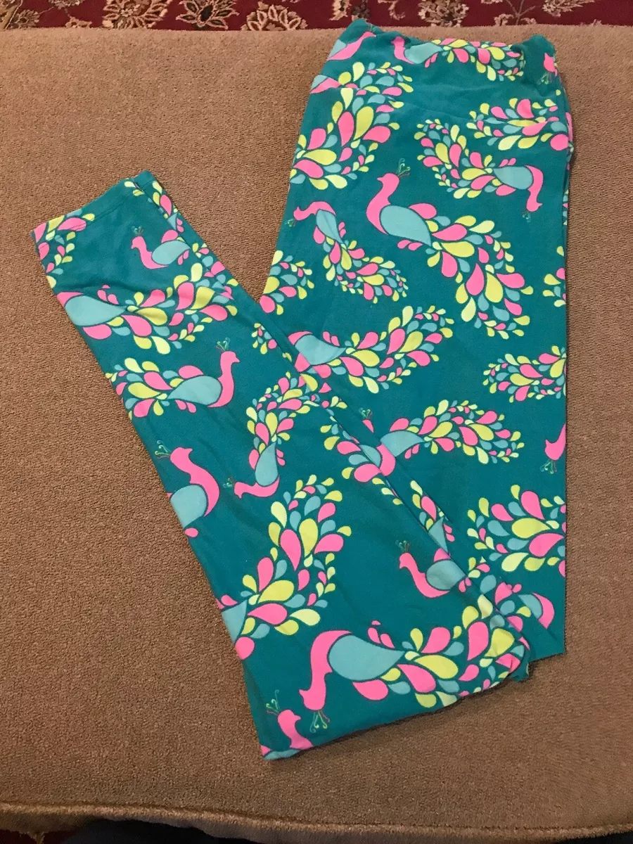 LuLaRoe Leggings Tall And Curvy Mint Green/Pink Peacock Stretch Leggings  (CW)