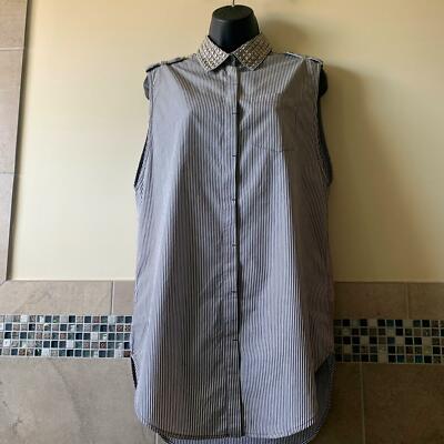 EUC PIERRE BALMAIN Sleeveless Cotton Striped Metal Studded Shirt SZ IT 38/US 2