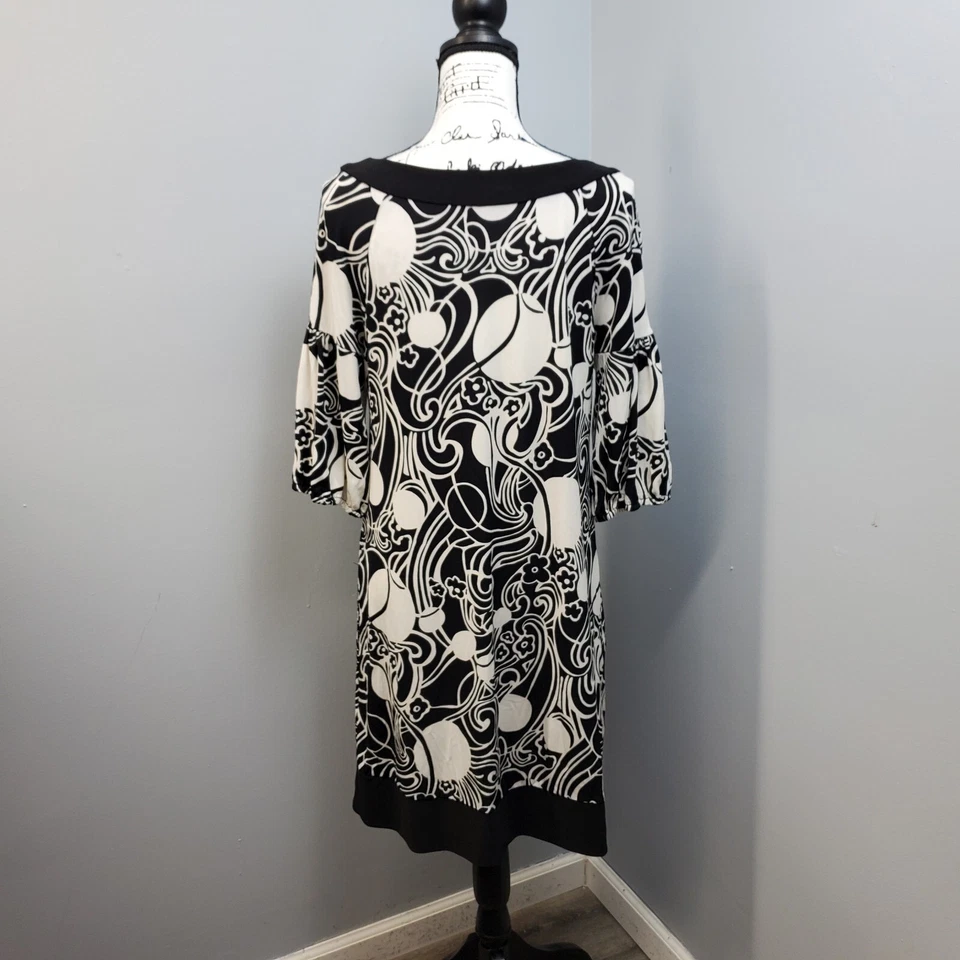 Vestido recto de sangría para mujer 10 negro blanco estampado geográfico cuello redondo cómodo elástico Foto 2 de 4