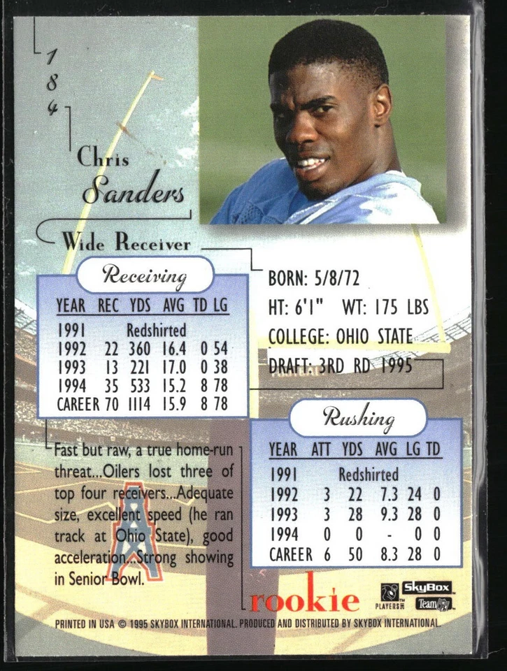 1995 Skybox Premium - Chris Sanders #184 (RC) - Image 2 of 2