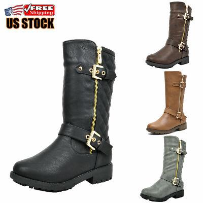 Girls Kids Knee High Boots Side Zipper Winter Boots Combat Boots Riding  Boots