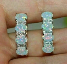 3.5 Ct Oval Cut Fire Opal & Diamond Hoop Women's Earring's 14K White Gold Finish