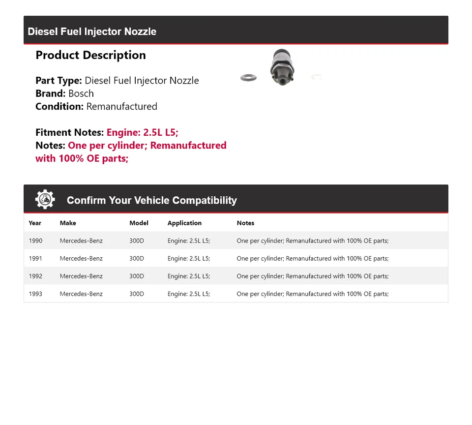 For 1990-1993 Mercedes 300D 2.5L L5 Bosch Diesel Fuel Injector Nozzle 1991 1992 - Image 2 of 4
