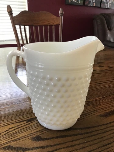 Vintage Anchor Hocking Hobnail Water Pitcher Milk White Cottage Farmhouse MCM 8”