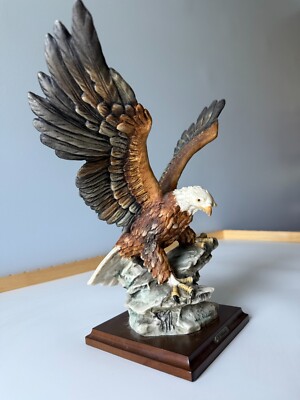 G. Armani Capodimonte Signed Eagle Landing On A Rock Statue w/ Wood Base 