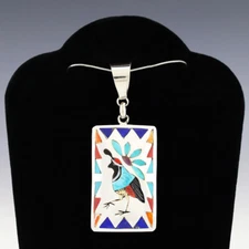 NATIVE AMERICAN ZUNI STERLING SILVER & INLAY QUAIL PENDANT BY QUINTIN QUAM