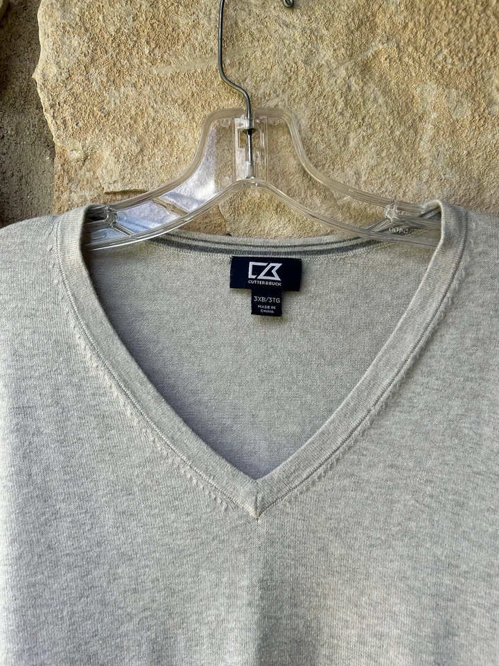 CUTTER BUCK Mens Sweater 3XT Gray V Neck Cotton Blend - Image 2 of 4