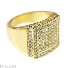 Double Square Ring Iced Gold Tone Simulated CZ Micro Pave Hip Hop Size 8-12