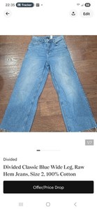 High Rise Wide Leg Faded Blue Jeans, Raw Hem, Size 2