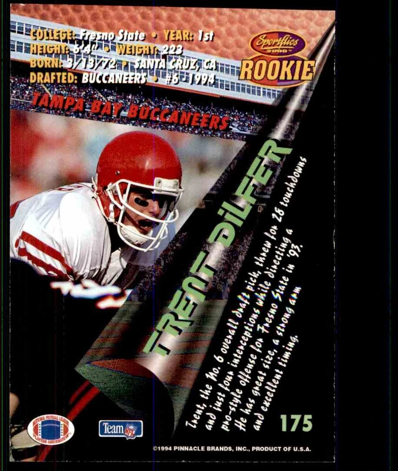 1994 Sportflics ! Trent Dilfer Rookie Tampa Bay Buccaneers #175 - Image 2 of 2