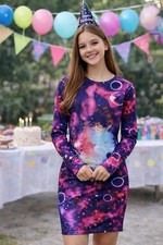 Galaxy Print Long Sleeve Dress | Cosmic Space Pattern | Teen / Women Size M