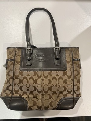 Coach Signature Brown Tote Bag, Zip Closure, Lined, Inner Pockets, Silver