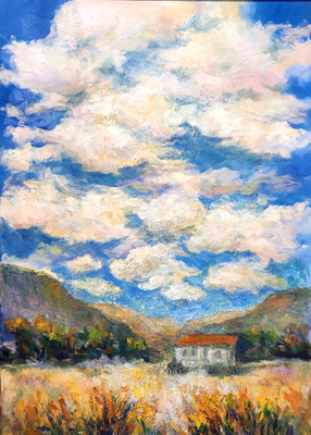 Large Oil Painting Landscape Clouds Mountains Fields Adobe House Framed Donalee