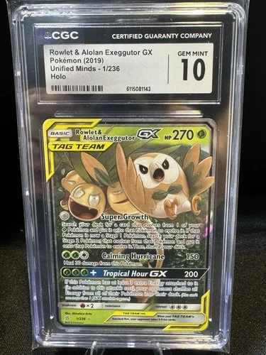 CGC 10 Rowlet & Alolan Exeggutor GX  1/236 Unified Minds Pokemon 2019