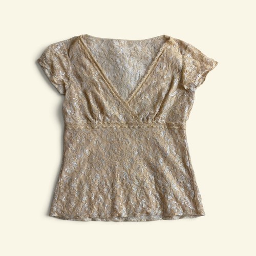 Vintage Y2K Gold Silver Metallic Lace Top V-Neck Empire Waist Y2K Fairycore L