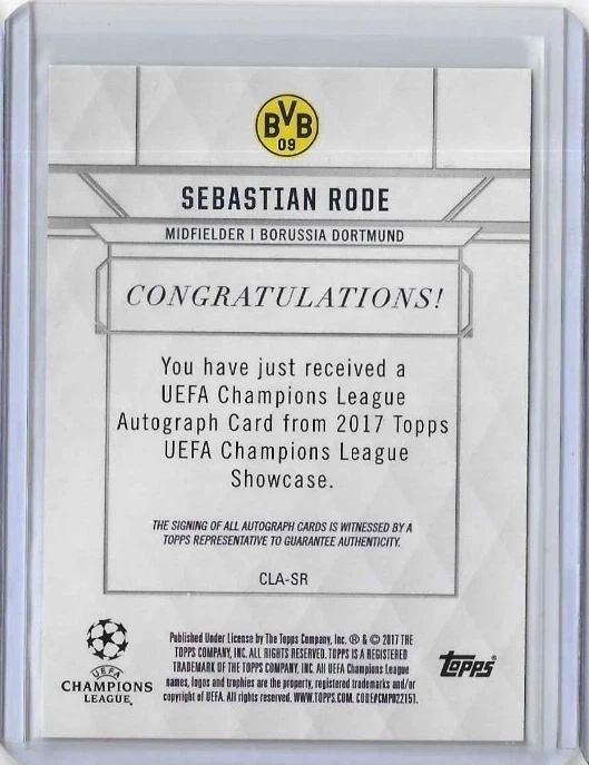 2016-17 Topps UEFA Champions League Showcase 1x Sebastian Rode BVB Dortmund Auto - Image 3 of 4