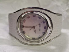 Versace Women's Swivel Crystal Analog White Logo Leather Watch Cuff Bracelet