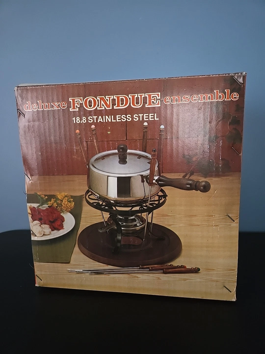 Deluxe Stainless Steel Fondue Pot Cover Set with 6 Fondue Sticks Alcohol Burner