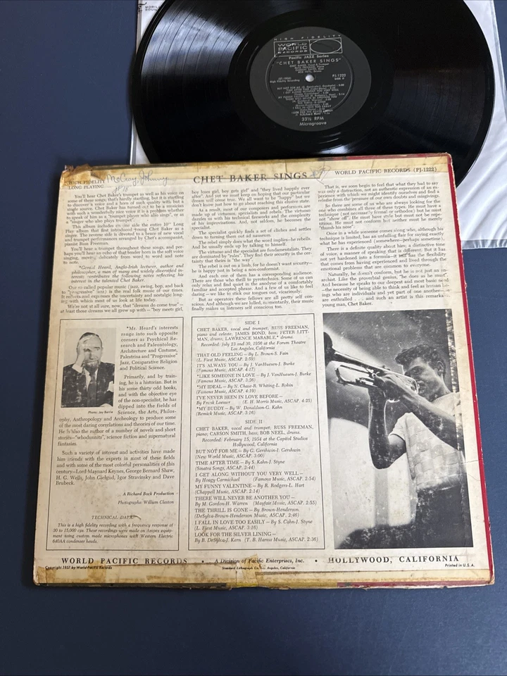 CHET BAKER - Sings 1957 Pressing World Pacific LP Vinyl VG/VG  - Image 2 of 2