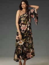 NWT FARM RIO Anthropologie Surreal Flowers One-Shoulder Ruffle-Hem Maxi Dress L