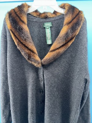 Ralph Lauren Women 2X Sweater Cardigan Wool Cashmere Angora Faux Fur Collar Grey
