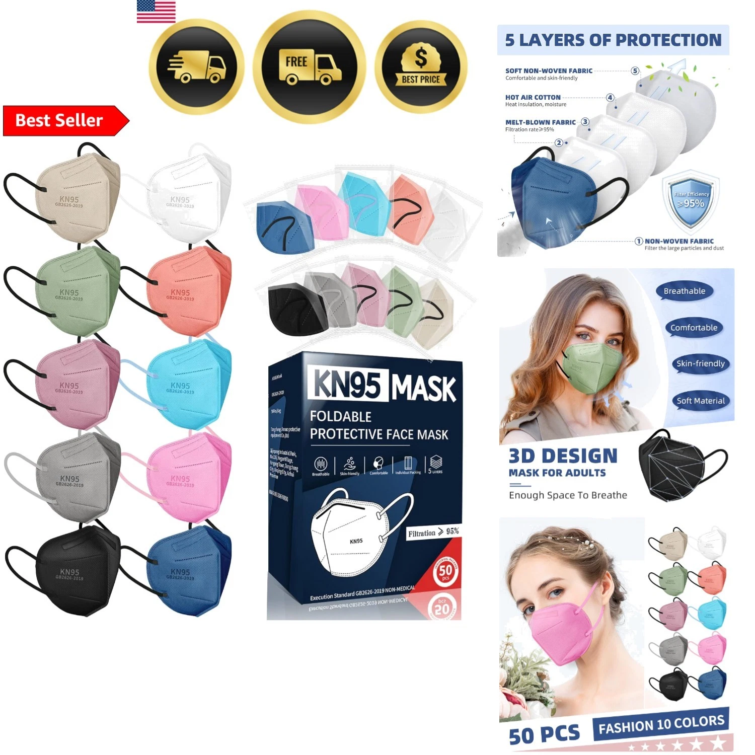 KN95 Face Masks for Adults, 50 Pack 10 Colors Disposable KN95 Masks, 5 Layer ...