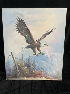 Signed Bald Eagle Oil Painting on Canvas 20x24 Wildlife Mountain Landscape Art