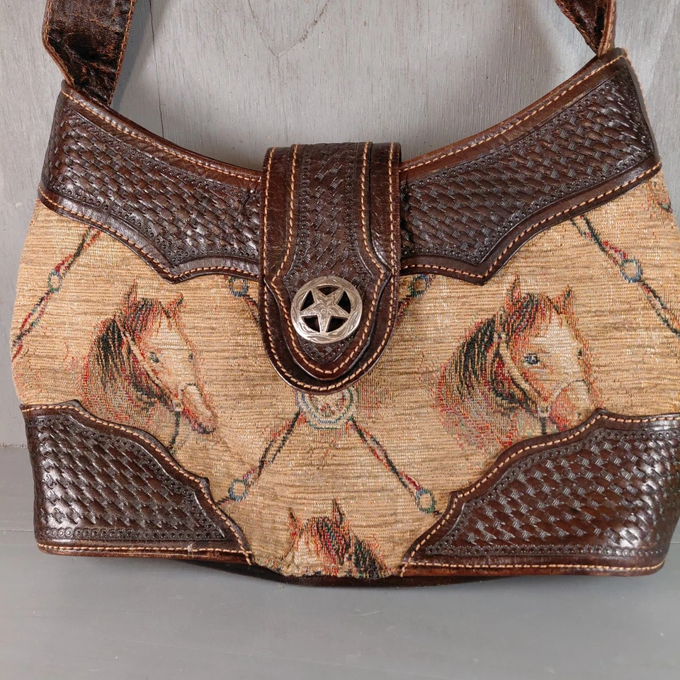 De Colección American West Cuero Tooled Western Bolso de Mano Tapiz Caballo Cartera Cartera Cartera Foto 2 de 4