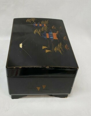 VTG Asian Wood Lacquer Jewelry Music Box, Oriental Trinket