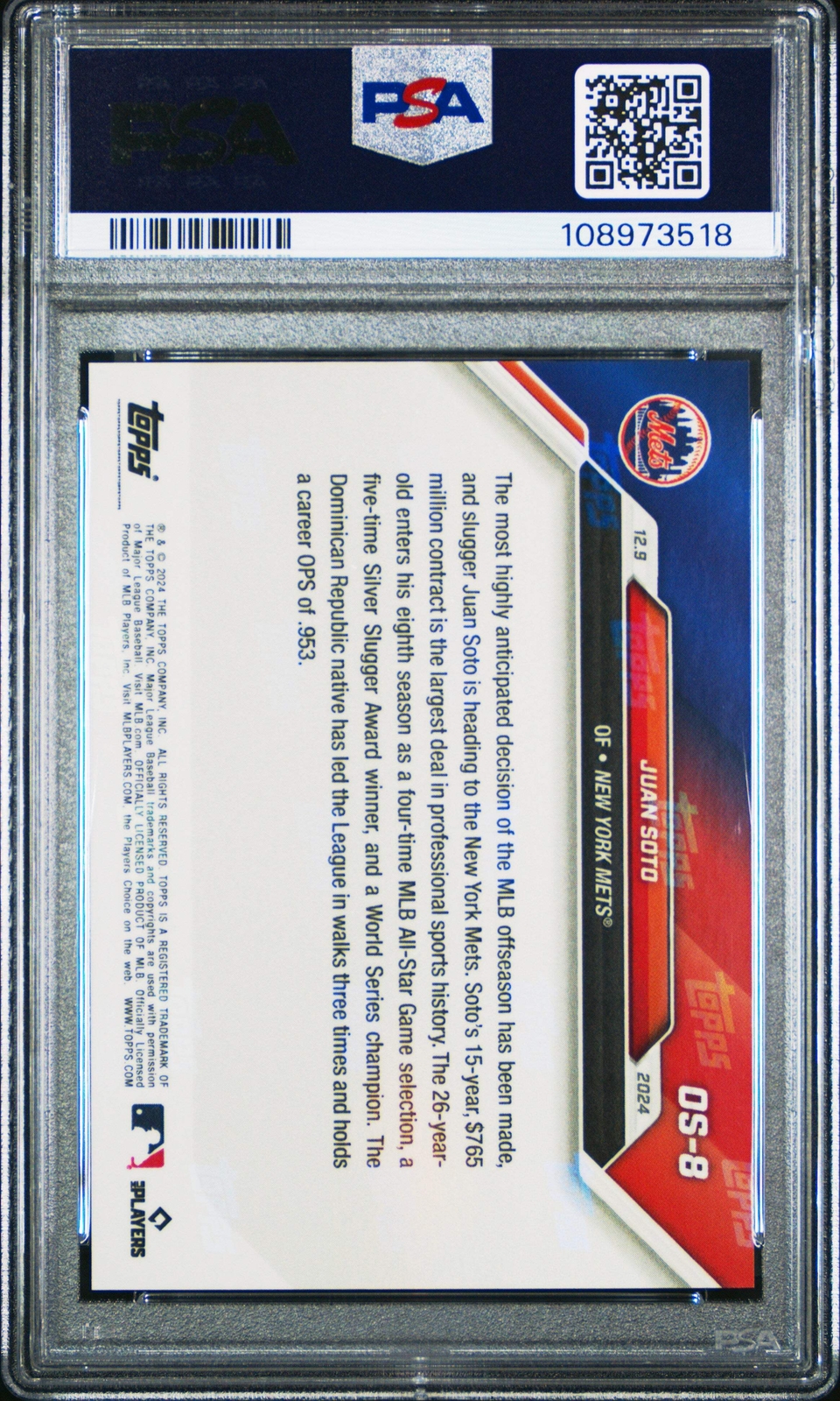 Graded 2024 Topps Now Juan Soto #OS8 Offseason Baseball Card PSA 10 Gem Mint view 2