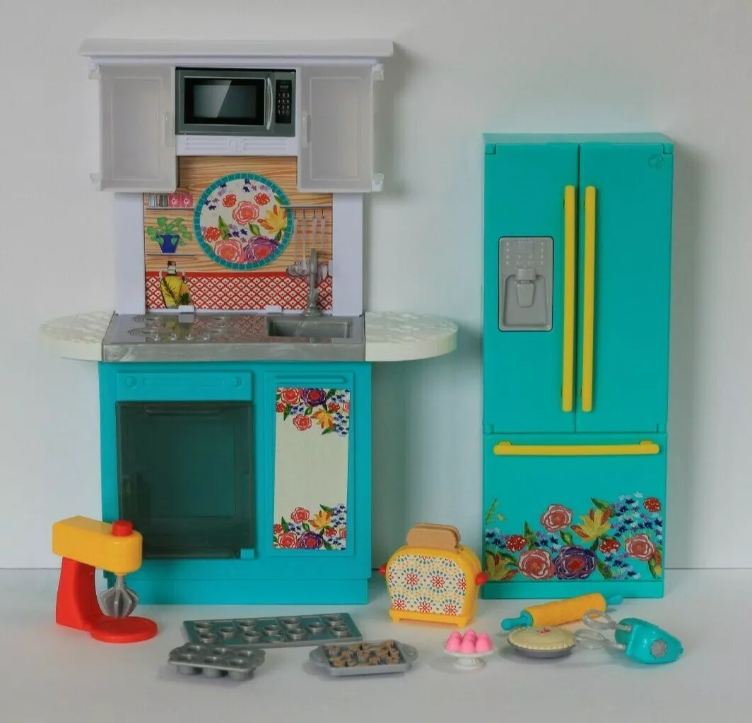 Barbie Pioneer Woman Kitchen Set Teal Flowers Refrigerator Stove and  Accessories