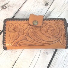 Vintage Brown Leather Hand Tooled Floral Pattern Wallet Organizer Billfold